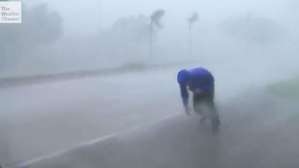 
Phóng viên kênh thời tiết Weather Channel bị gió thổi bay vẫn không bỏ dở bản tin. (Ảnh: Supplied)
