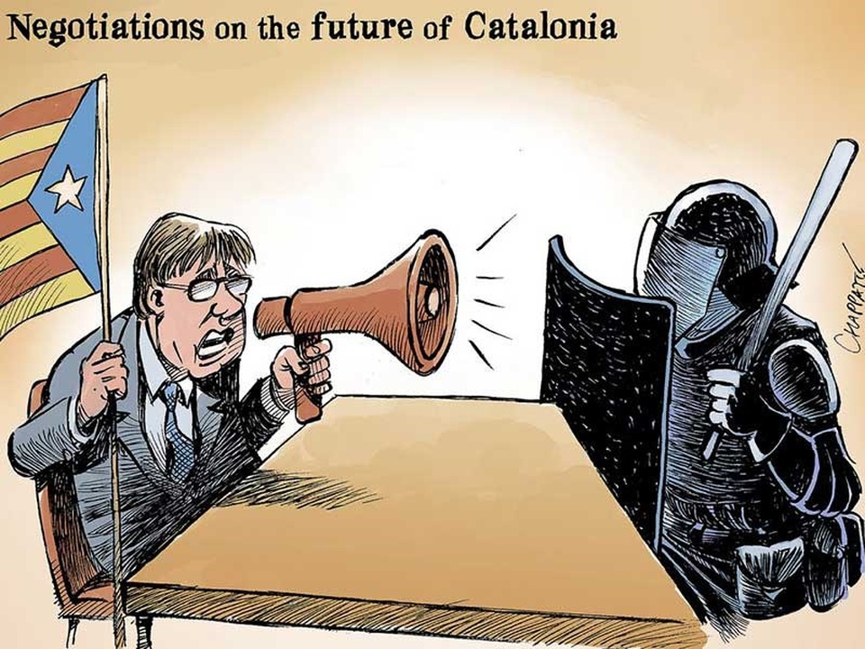 Catalonia lùi hay chiến? - 1
Đàm phán giữa Catalonia và chính quyền trung ương theo biếm họa của Patrick Chappatte (Thụy Sĩ).