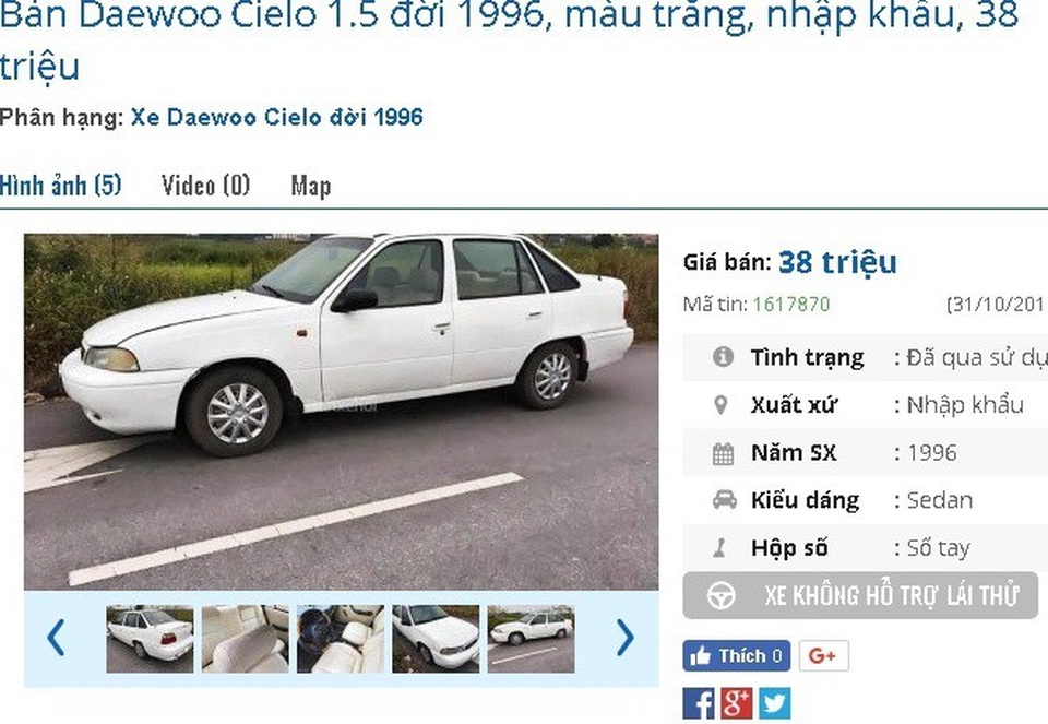 Với 40 triệu đồng, bạn có thể mua xe ô tô cũ chính hãng nào? - 1
Chiếc Daewoo Cielo 1.5 đời 1996, màu trắng, nhập khẩu đang được rao giá 38 triệu đồng. Người bán cho biết, xe được sử dụng giữ gìn và chăm sóc cẩn thận. Mọi tính năng của xe còn rất tốt, nguyên bản, điều hòa rất mát mát và còn đăng kiểm.