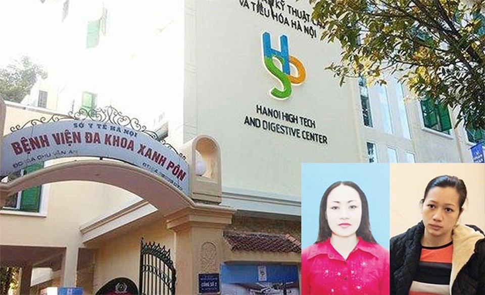 Khởi tố điều dưỡng viên và kỹ thuật viên Bệnh viện Xanh-Pôn - 1 Đối tượng Thủy (áo đỏ) và Vân tại cơ quan Công an.