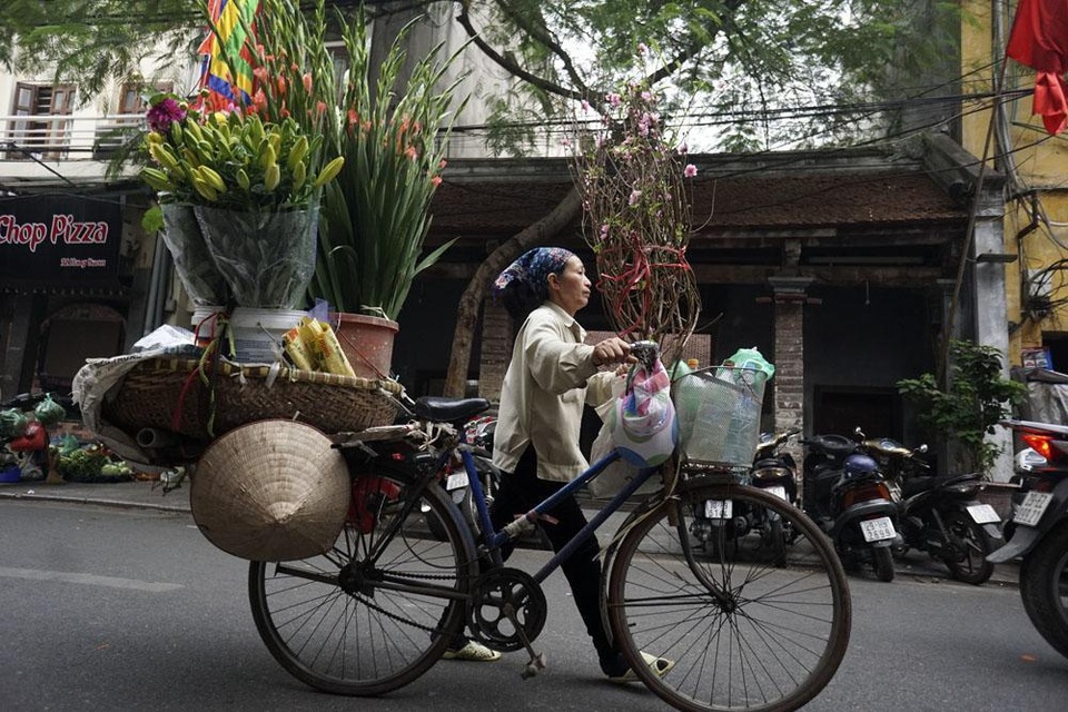 
Xe hoa rong trên khu phố cổ Hà Nội với cành đào nhỏ phía trước. Những người bán hoa rong trong dịp này thường mang thêm vài cành đào nhỏ để phục vụ nhu cầu chơi đào sớm.
