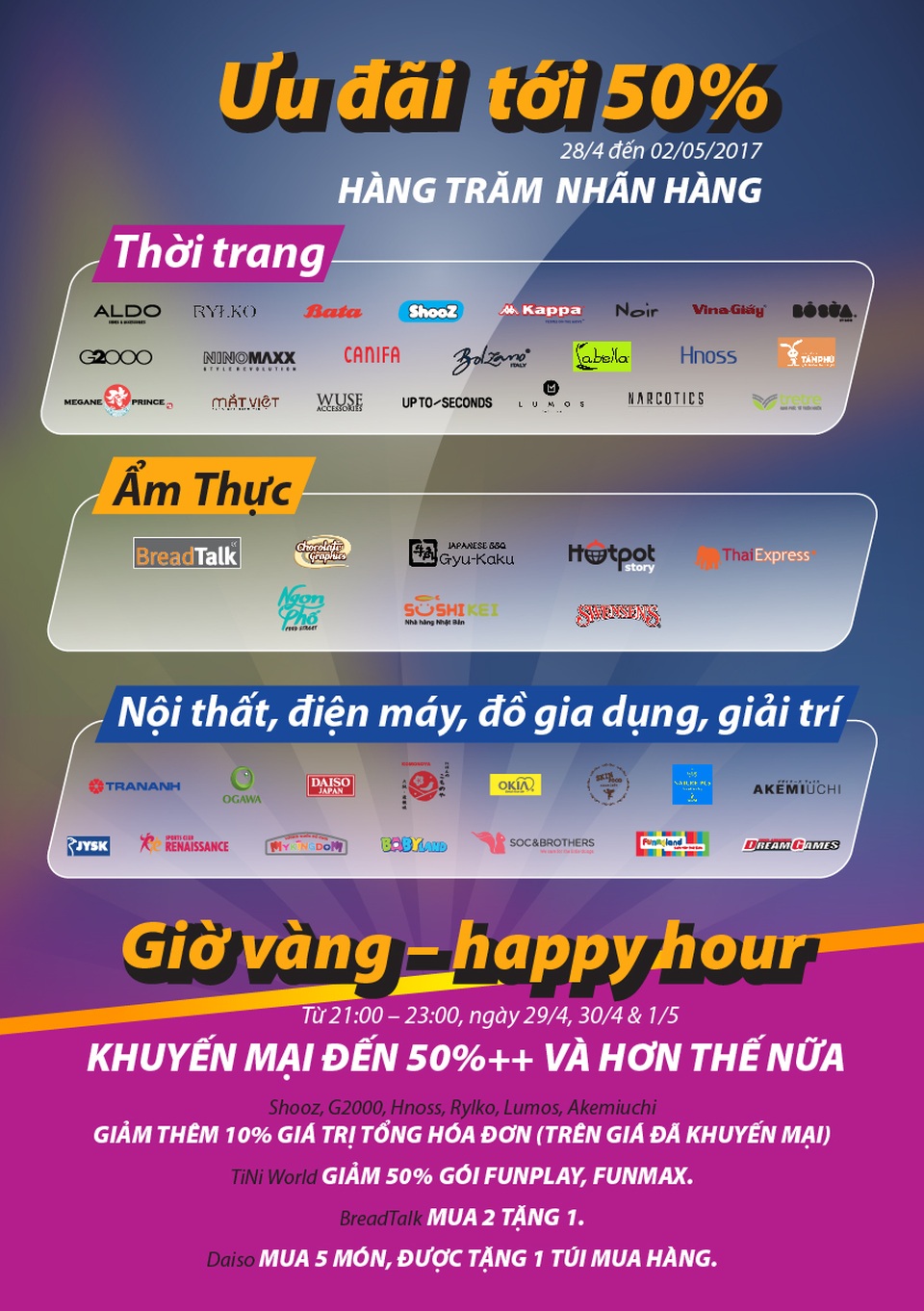 Tung khuyến mãi "khủng" đúng dịp 30/4 - 1 Bên cạnh chương trình giảm giá lên đến 50%, khung giờ vàng còn sẽ mang đến cho khách hàng nhiều ưu đãi hấp dẫn.