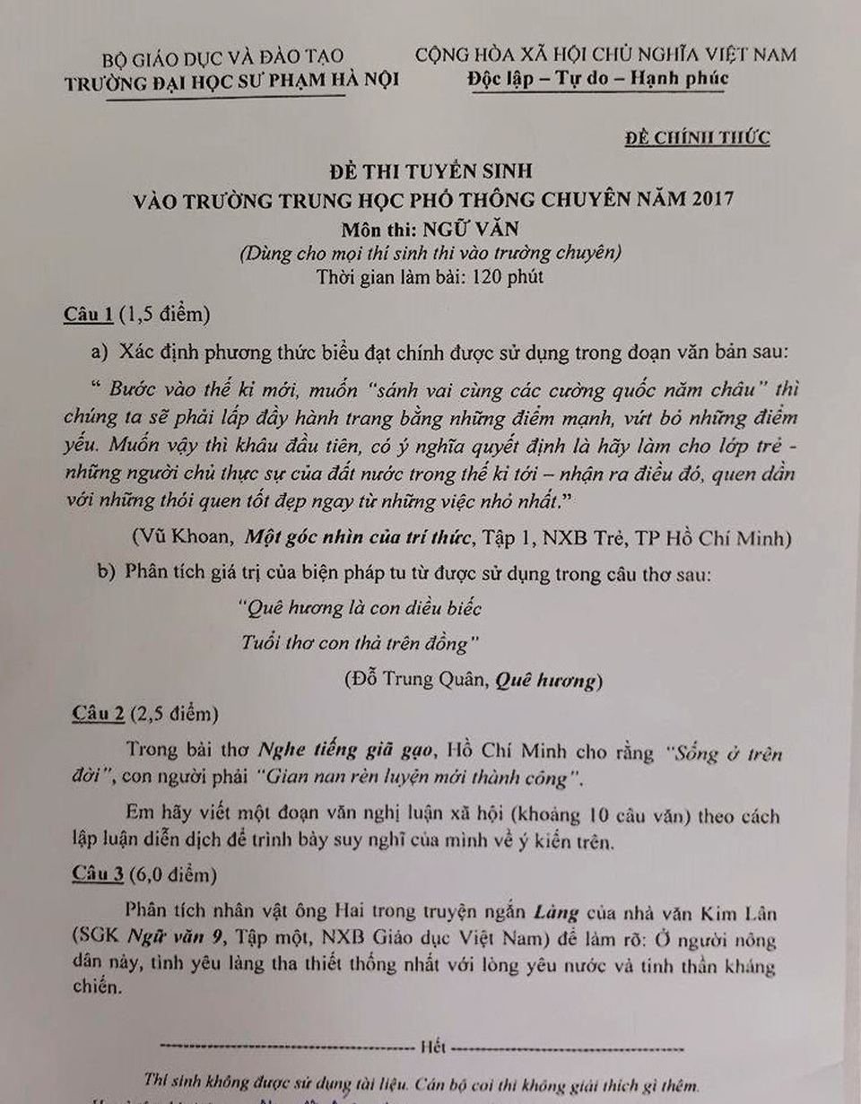 Gợi ý giải đề thi môn Văn vào khối 10 chuyên ĐH Sư phạm Hà Nội - 1 Đề thi môn Văn vào lớp 10 THPT Chuyên ĐH Sư phạm năm 2017.