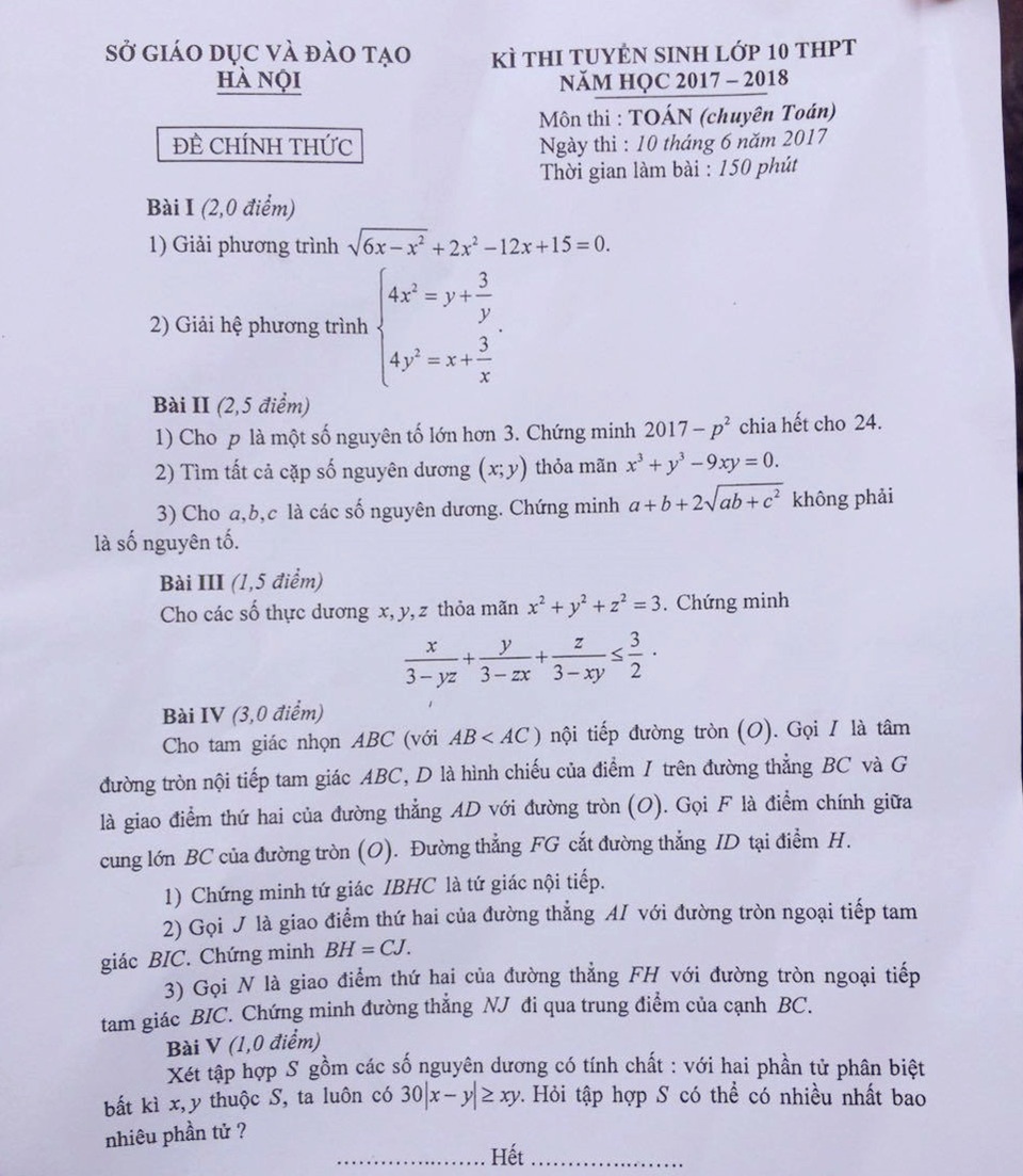 Đề chuyên Toán vào lớp 10 tại Hà Nội: Học sinh có thể đạt từ 5-7 điểm - 1
Đề thi chuyên Toán vào lớp 10 THPT Chuyên tại Hà Nội.