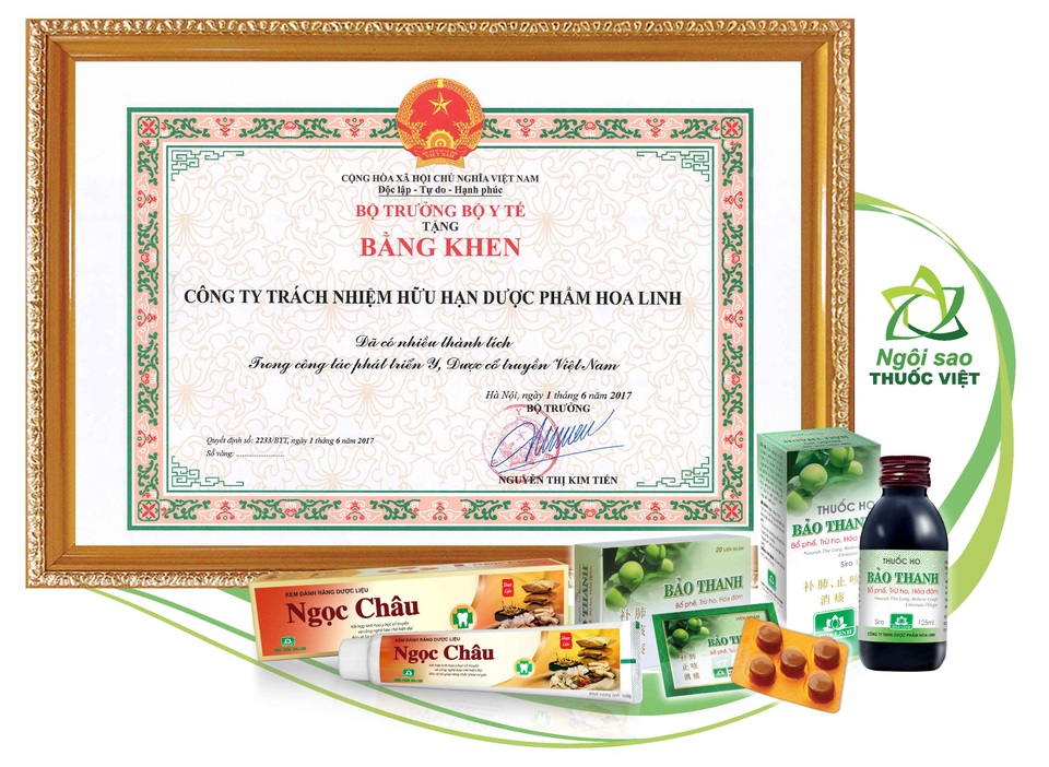 (Bằng khen của Bộ y tế tặng cho Công ty Dược phẩm Hoa Linh)