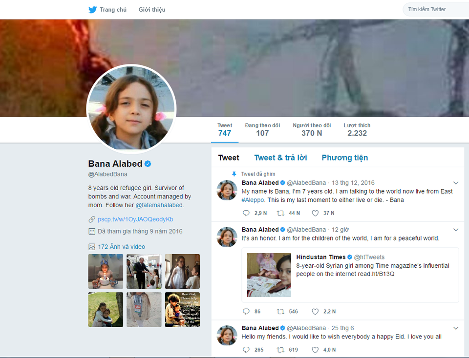 Cô bé 8 tuổi vào danh sách những người ảnh hưởng nhất trên Internet 2017 là ai? - 2
Twitter của cô bé Bana có sức ảnh hưởng khủng trên mạng Internet.