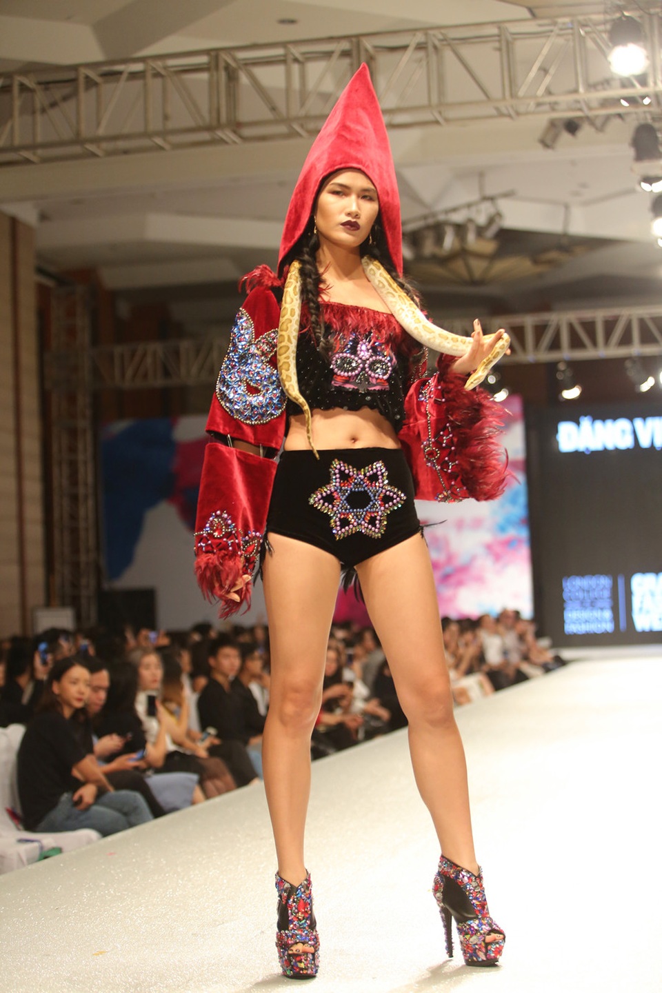 Nhà thiết kế điển trai gây “sốc” khi mang trăn sống lên sàn catwalk - 1
Người mẫu diện trang phục của Việt Tùng mang trăn sống lên sàn diễn.