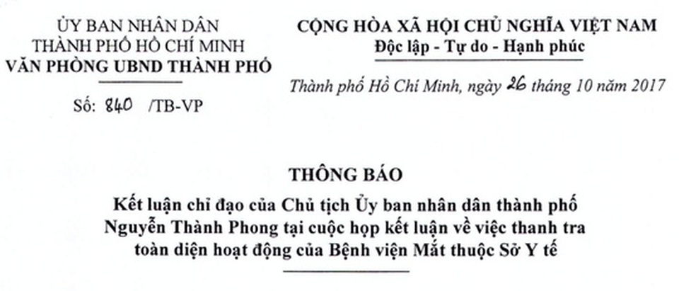Sai phạm ở Bệnh viện Mắt: Kiểm điểm lãnh đạo Sở Y tế TP HCM - 2 Thông báo của Văn phòng UBND TP.