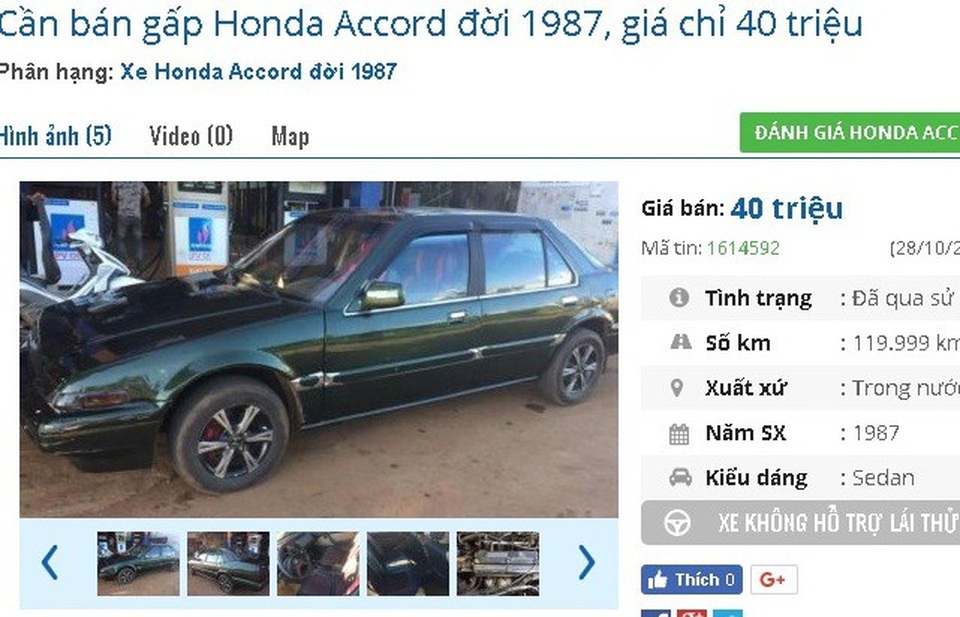 Với 40 triệu đồng, bạn có thể mua xe ô tô cũ chính hãng nào? - 2
Chiếc Honda Accord đời 1987 được chủ nhân rao bán giá 40 triệu. Xe được giới thiệu là có nội thất mới bọc da, máy lạnh dùng tốt, máy nghe nhạc, màn hình DVD tốt.