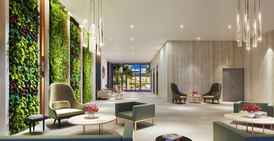 Dự án chào đón các cư dân với khu vực sảnh đón khách được thiết kế sang trọng, tinh tế và xanh mát.