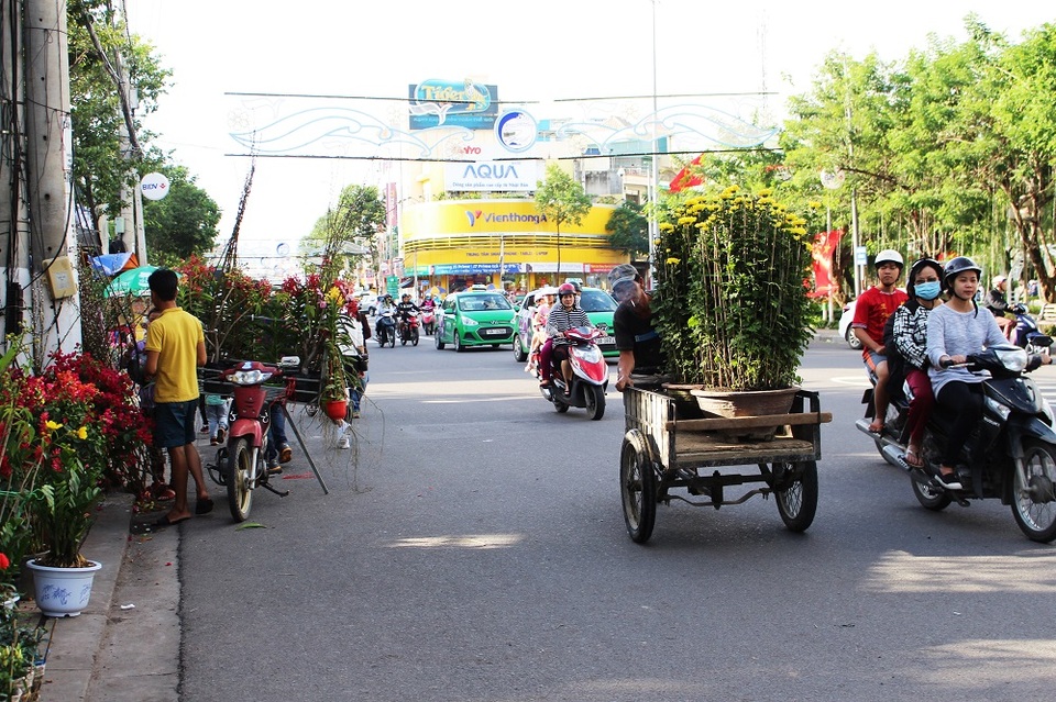 “Chen chân” sắm Tết trong phiên chợ ngày cuối năm - 10 Những ngày này, nghề phu hoa ăn nên làm ra nhờ chở hoa cho các gia chủ. Không thưa vắng như vài hôm trước, chiều 29 và 30 Tết cảnh chở xuân về nhà bắt đầu xuất hiện đều đặn trên phố