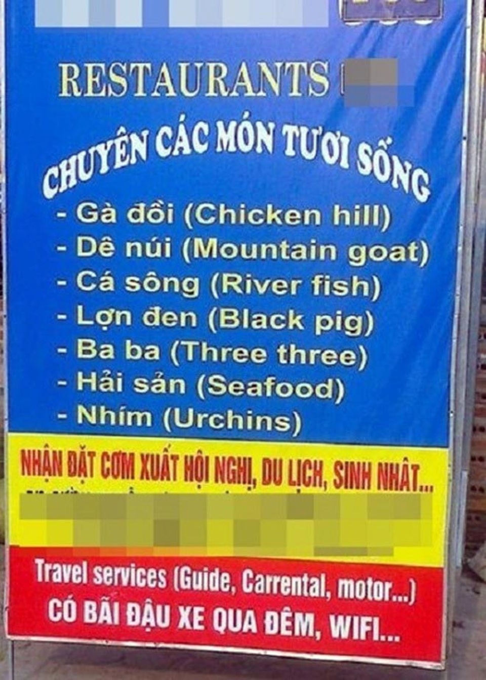 Những menu đồ ăn khiến thực khách cười… "đứt ruột" - 1 Biển hiệu của một cửa hàng ăn uống với các món ăn được ghi bằng cả tiếng Việt lẫn tiếng Anh thế nhưng khi nhìn kỹ người xem mới ngã ngửa bởi tất cả đều được dịch sai và hoàn toàn khác xa nghĩa gốc của nó.