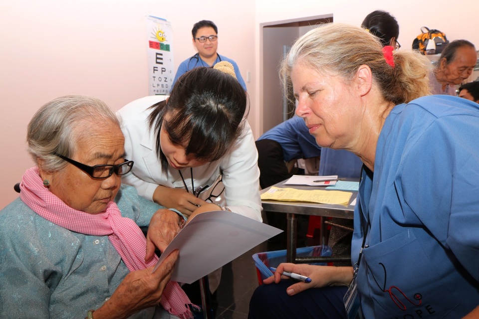 Sinh viên TTU đang làm thông dịch viên và hỗ trợ bác sĩ Corina Van de Pol khám bệnh.