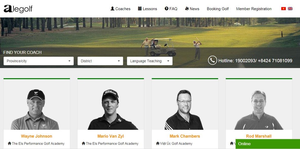 Website đặt khóa học golf www.alegolf.com/academy