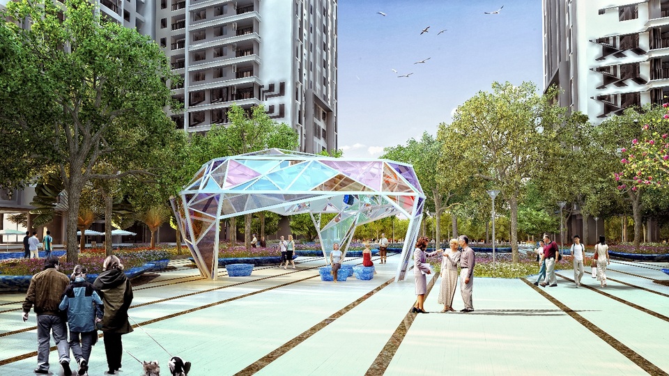 Sapphire - “Viên kim cương” đắt giá nhất trong tổ hợp đáng sống TNR Goldmark City - 2 Những khối Pavillion khổng lồ được tạo nên từ hàng ngàn mảnh ghép lấp lánh đầy sắc màu chính là điểm nhấn khác biệt của phân khu Sapphire.