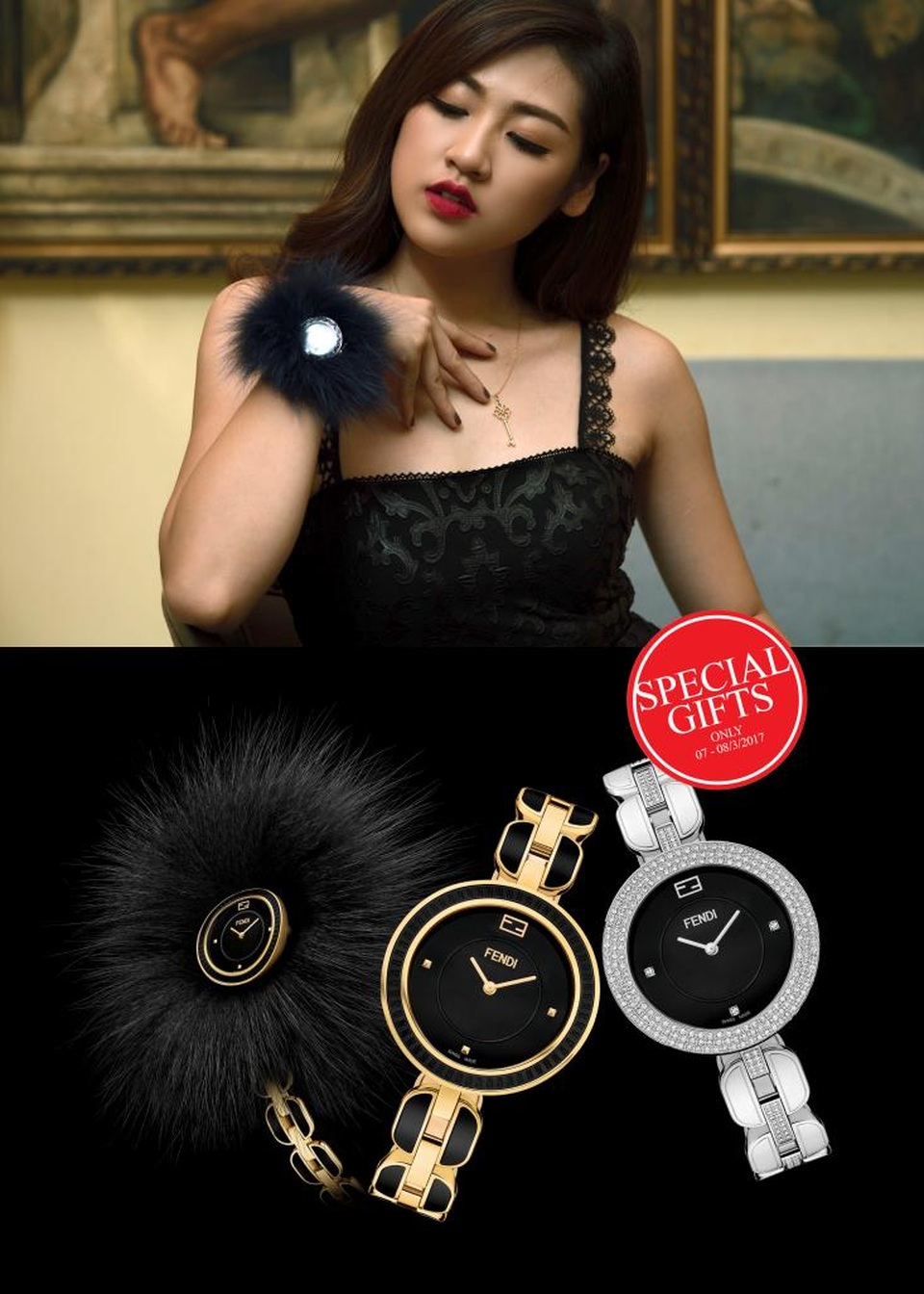 Dành tặng người đẹp cá tính và thích hàng độc, những chiếc đồng hồ lông cáo của Fendi nổi bật trong bất cứ sự kiện hay bữa tiệc nào. Phần lông cáo có thể tháo rời, để lộ phần dây cách điệu rất đẹp mắt. Chiếc đồng hồ vừa có thể đeo hằng ngày, vừa có thể biến hóa tạo ấn tượng mạnh trong những sự kiện lớn.Á Hậu Tú Anh quyến rũ khi chọn phiên bản My Way lông cáo xanh. Giá một bộ đầy đủ gồm đồng hồ kèm lông từ 26 triệu đồng.