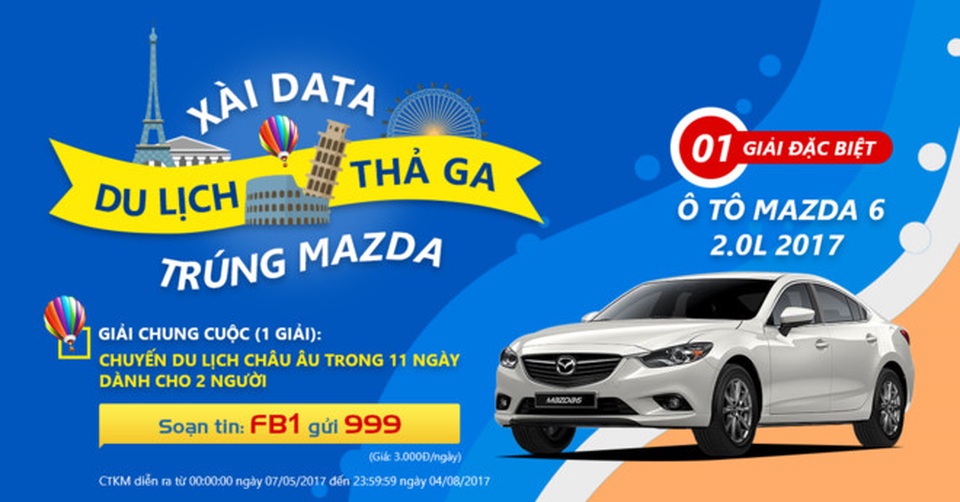 Chương trình khuyến mại mới của MobiFone với các giải thưởng hấp dẫn như: Ô tô Mazda 6; Chuyến du lịch Châu Âu …. Tổng giá trị giải thưởng lên đến gần 1,2 tỷ đồng.