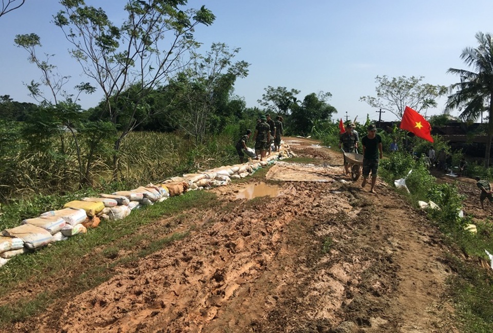 Vật lộn trong lũ chèn đá hộc, đóng cọc gia cố chân đê - 13 Đoạn đê sông Cầu Chày qua địa bàn xã Thọ Thắng bị tràn và sạt lở nhiều điểm kéo dài 4km