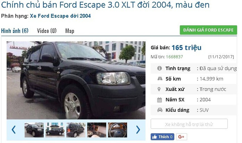 Với 170 triệu đồng, mua ô tô cũ chính hãng nào đi chơi Tết? - 4
Một người dùng đang rao bán chiếc Ford Escape 3.0 XLT đời 2004, màu đen này với giá 165 triệu đồng. Xe được trang bị gương kính chỉnh điện, điều hòa Auto; hệ thống giải trí có Radio AM/ FM, đầu CD 6 đĩa, camera cảm biến; phanh ABS, EDB, lazang đúc, 2 túi khí, 2 bệ lên xuống, giá đỡ, ghế bọc da xịn nguyên bản theo xe,....