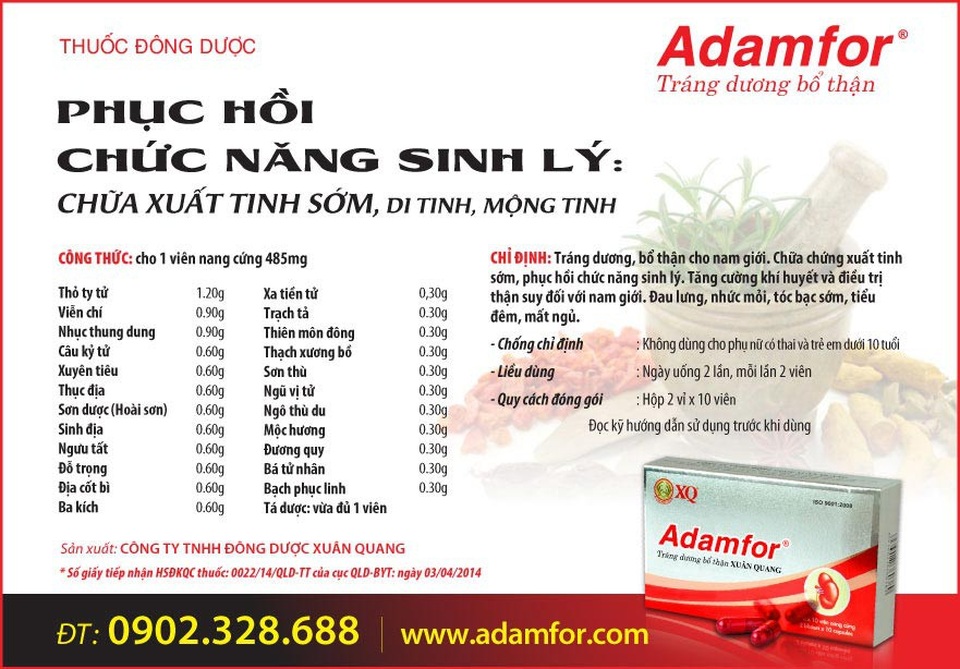 Thuốc Đông y trị “đầu hàng sớm” đi kèm tiểu đêm, đau lưng, nhức mỏi, tóc bạc sớm - 3 Tìm hiểu thêm về thuốc Adamfor tại đây.