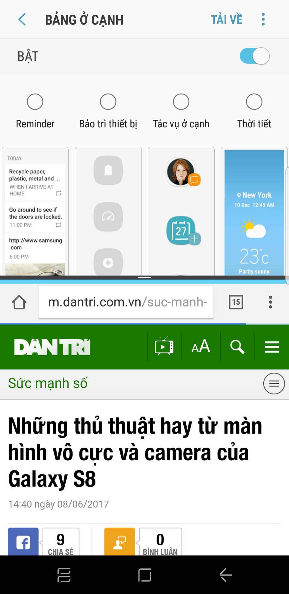 Bộ 5 bí kíp cho trải nghiệm Galaxy S8 thêm hoàn thiện - 4 Màn hình vô cực trên Galaxy S8 với tỉ lệ 18,5:9 thể hiện tính năng tối ưu nhất ở chế độ đa nhiệm Multi Window cho phép người dùng sử dụng hai ứng dụng cùng một lúc. Những cải thiện tuy nhỏ nhưng lại vô cùng hữu ích như thay đổi vị trí trên dưới của hai ứng dụng, tách ứng dụng thành cửa sổ nhỏ và điều chỉnh đa nhiệm ngay trên thanh Thông báo cũng cho thấy cách Samsung chú ý nâng cao trải nghiệm người dùng như thế nào.