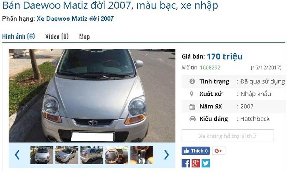 Với 170 triệu đồng, mua ô tô cũ chính hãng nào đi chơi Tết? - 5
Chiếc Daewoo Matiz đời 2007, màu bạc, xe nhập. Này có giá 170 triệu đồng. Theo người bán thì xe bản đầy đủ, được dùng cẩn thận, có 2 túi khí, phanh ABS...