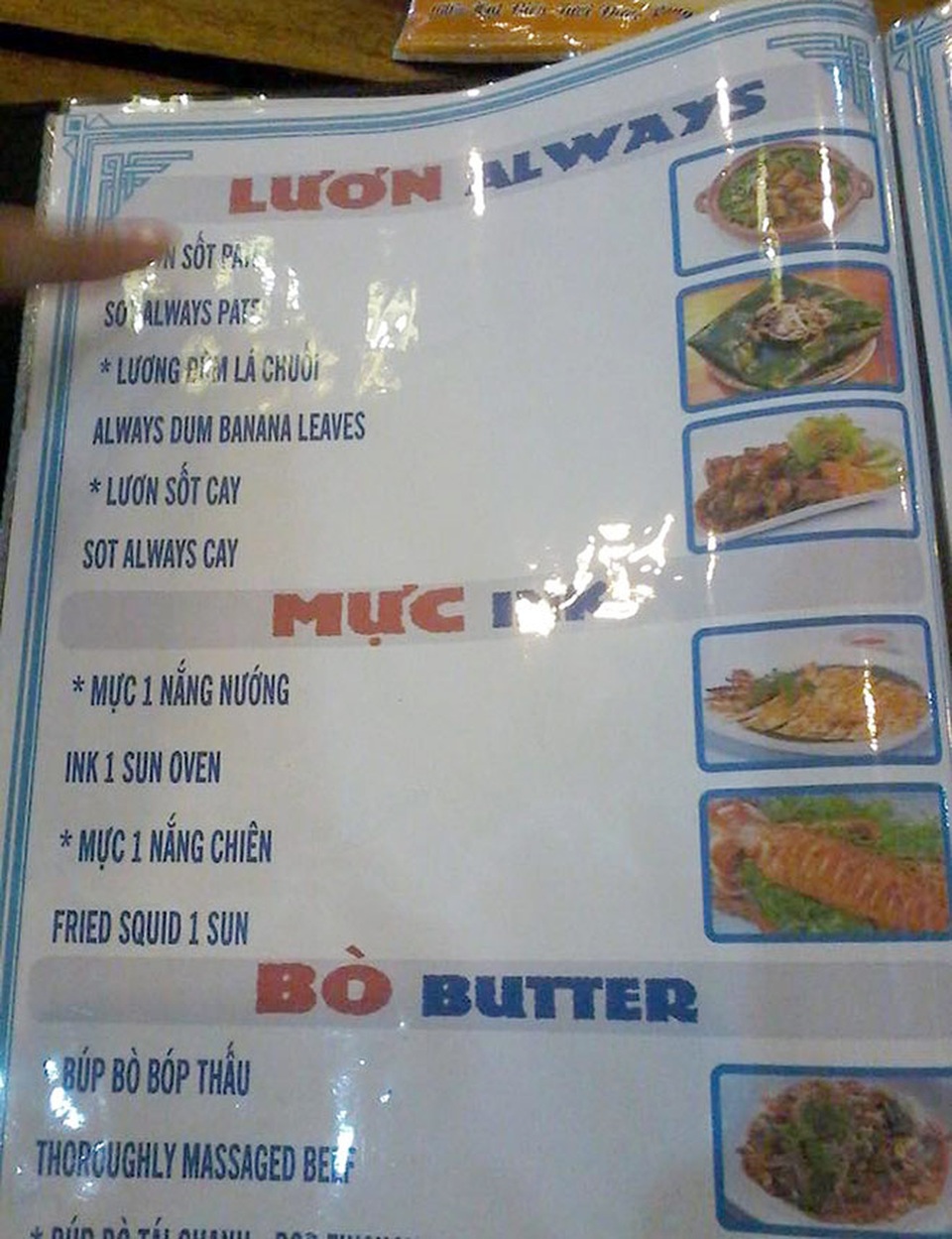 Những menu đồ ăn khiến thực khách cười… "đứt ruột" - 2 Có vẻ chủ quán ăn này là “nạn nhân” của Google dịch bởi các món ăn được dịch từ tiếng Việt sang tiếng Anh một cách vô cùng bá đạo.