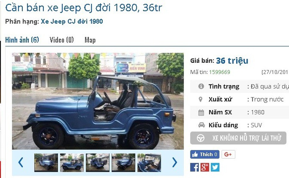 Với 40 triệu đồng, bạn có thể mua xe ô tô cũ chính hãng nào? - 7
Chiếc xe Jeep CJ đời 1980 có giá 36 triệu đồng, được giới thiệu máy “êm ru, nguyên bản, không đâm đụng, ngập nước”. Ảnh: Lâm Anh