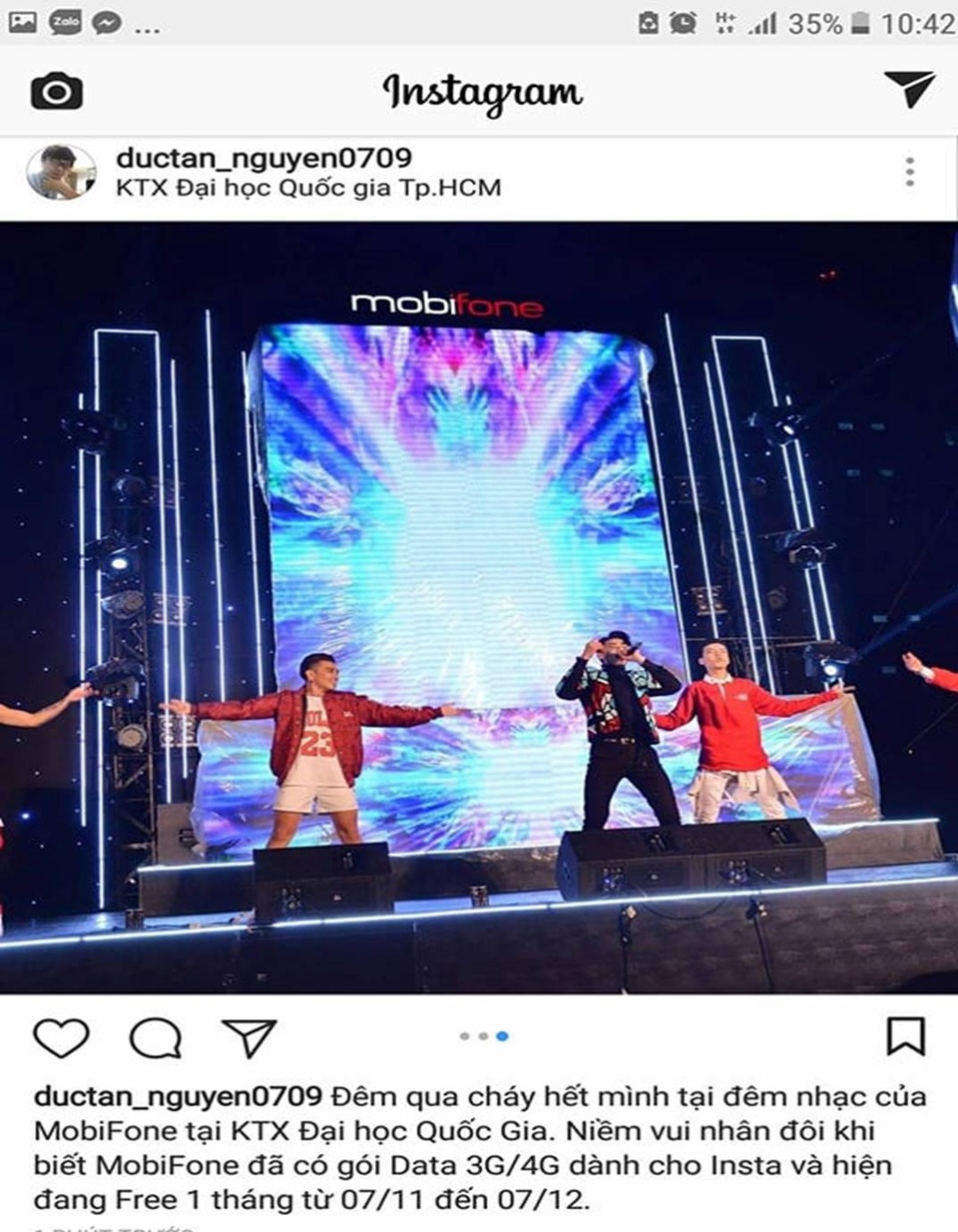 Học sinh, sinh viên "cháy" hết mình trong đêm nhạc của MobiFone tại ĐHQG HCM - 7 Một bạn sinh viên hào hứng chia sẻ luôn hình ảnh đêm diễn kèm chú thích về gói cước Instagram đang khuyến mãi của MobiFone cho bạn bè