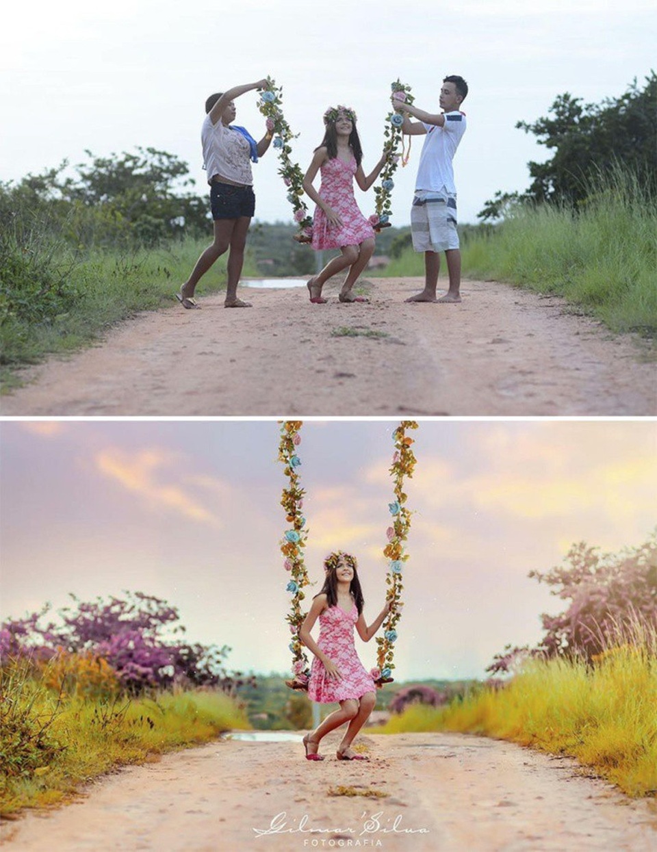 Không có xích đu nghệ thuật giữa đường, đành phải nhờ người cầm hộ