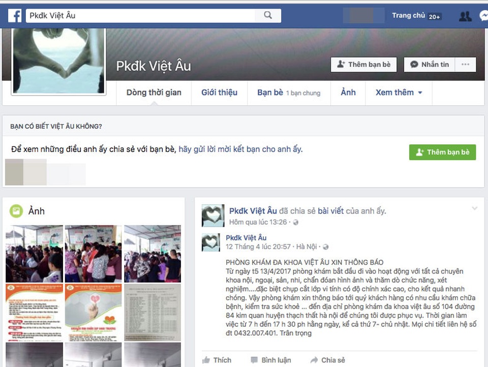 Hà Nội: Một phòng khám hoạt động khi chưa có giấy phép - 1
Website có tên PKĐK Việt Âu quảng cáo phòng hám hoạt động từ ngày 13/4 (ảnh chụp màn hình trưa ngày 20/4)