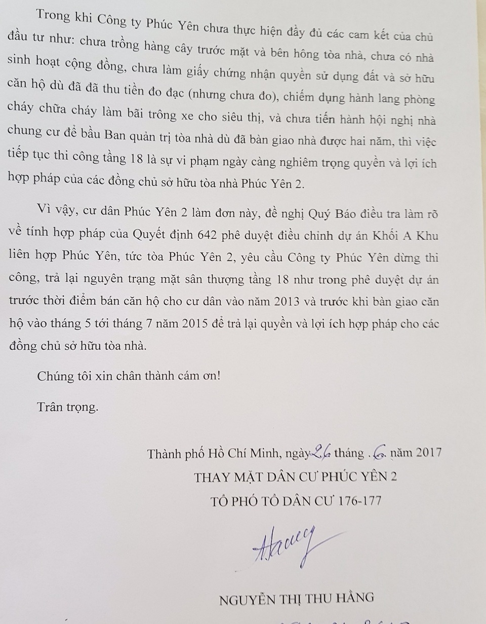 Chung cư bàn giao 2 năm vẫn "mọc" thêm tầng làm... khách sạn?! - 3 Đơn phản ánh chủ đầu tư xây thêm tầng của cư dân Phúc Yên 2
