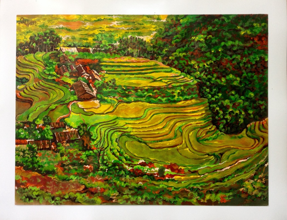 “Góc khuất” Hà Nội dưới những nét vẽ của hai hoạ sỹ thuộc hai thế hệ - 1 Tranh vẽ ruộng bậc thang của họa sỹ Đỗ Quang Hiển.