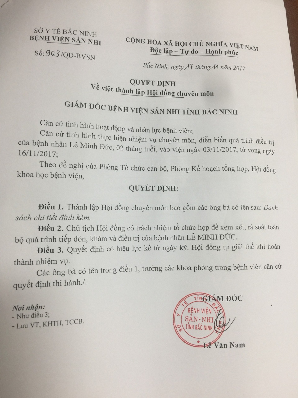 Vụ trẻ 2 tháng tuổi tử vong sau tiêm kháng sinh: Tạm đình chỉ 5 y, bác sĩ - 1 Quyết định thành lập Hội đồng chuyên môn để tổ chức họp, xem xét, rà soát toàn bộ quá trình tiếp đón,, khám và điều trị bệnh nhân Lê Minh Đức