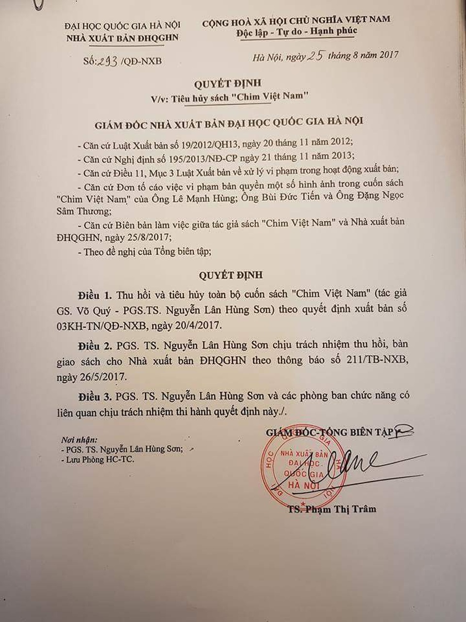 Thu hồi và tiêu huỷ cuốn sách “Chim Việt Nam” - 1 Quyết định thu hồi và tiêu huỷ cuốn sách Chim Việt Nam.