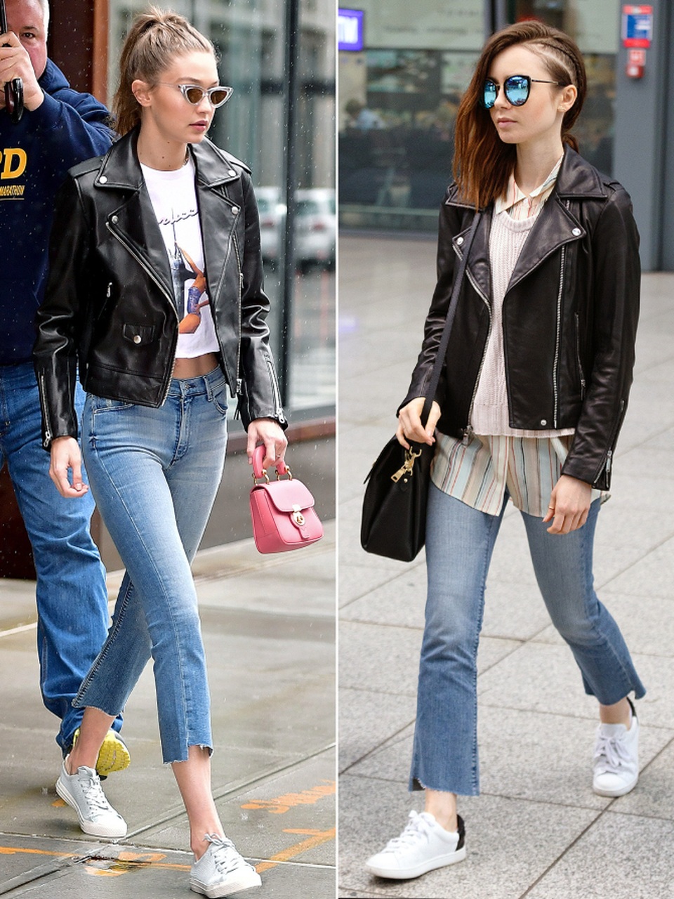 Khi người đẹp “đụng hàng” - 2
Gigi Hadid và Lily Collins sành điệu với áo da đen
