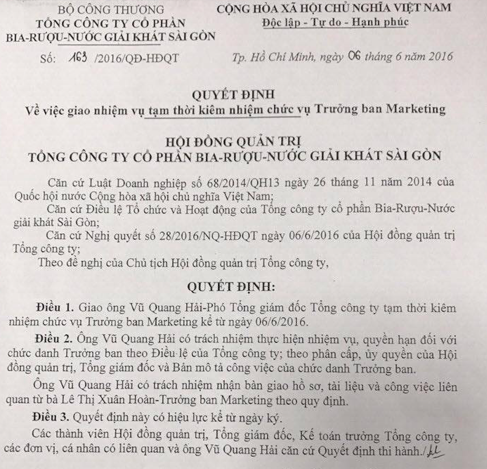 Con trai cựu Bộ trưởng Vũ Huy Hoàng xin ở lại Sabeco - 2
Ông Vũ Quang Hải được tạm kiêm nhiệm chức vụ Trưởng ban marketing từ 6/6/2016