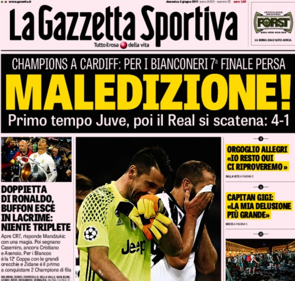 Báo chí thế giới hết mực ngợi ca HLV Zidane và C.Ronaldo - 2
Tờ Gazzetta tiếc cho thất bại của Juventus tại Cardiff