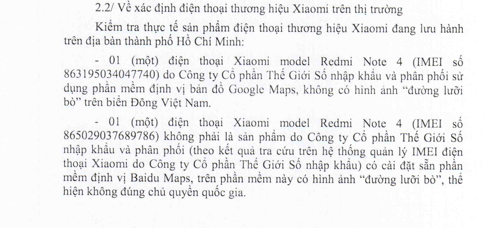 Tất cả điện thoại xách tay từ Trung Quốc đều có bản đồ lưỡi bò - 2 Một phần trong biên bản kiểm tra của đoàn thanh tra Sở TT&TT và PC 46 về các sản phẩm Xiaomi tại Việt Nam
