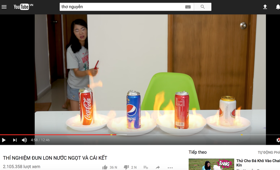 Kênh Youtube Việt nổi tiếng cho trẻ nhưng toàn "xúi bậy" trò nguy hiểm - 1 Thí nghiệm đốt lửa lon nước ngọt và bia