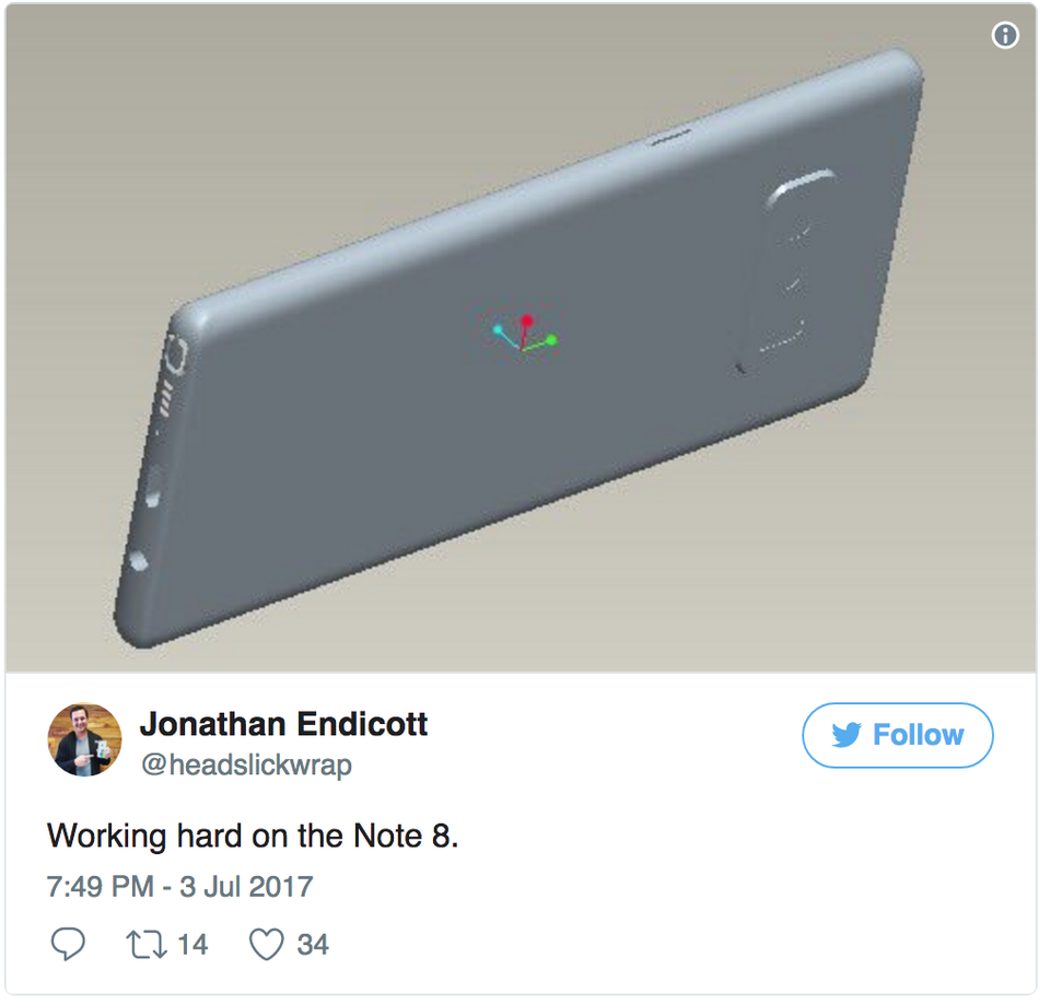 
Một bản vẽ được cho là của Galaxy Note 8 với cảm biến vân tay được đặt xa camera.
