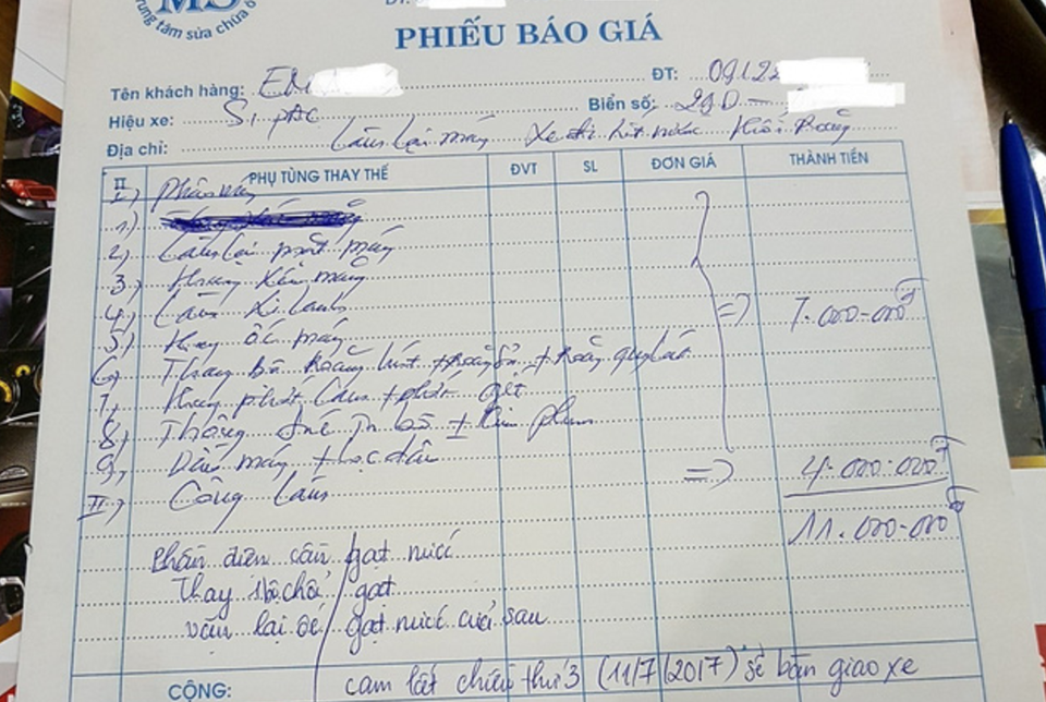 Những gara sửa xe "hung thần" tiếp tục "chém" khách - 2
Phiếu báo giá (hoá đơn cho khách) của cơ sở (ảnh nhân vật cung cấp)
