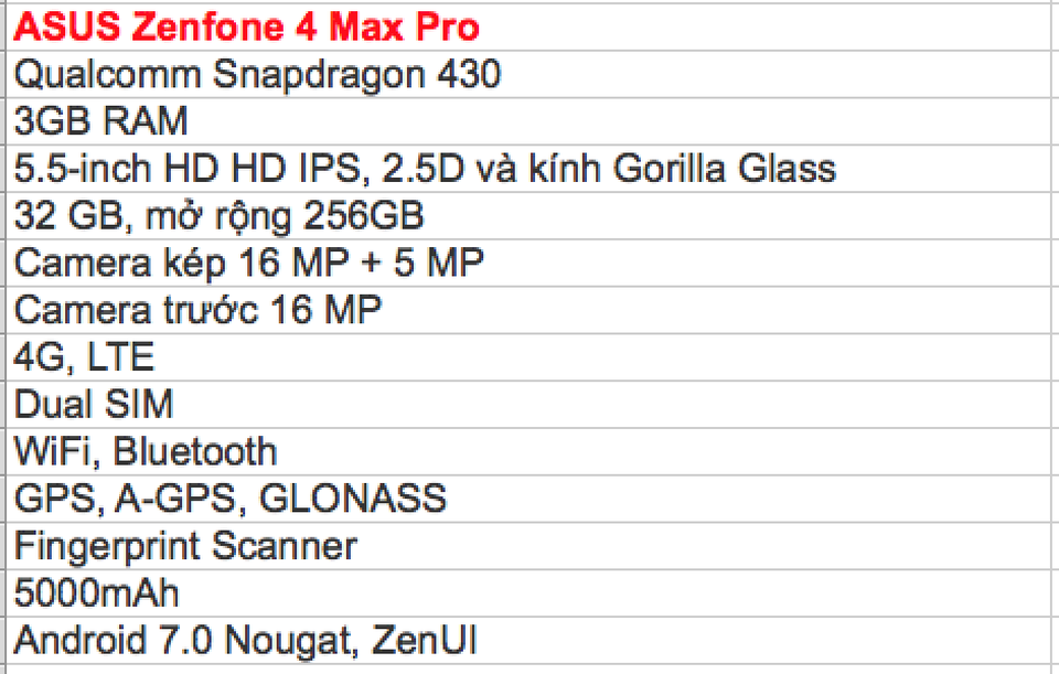 
Cấu hình Zenfone 4 Max Pro
