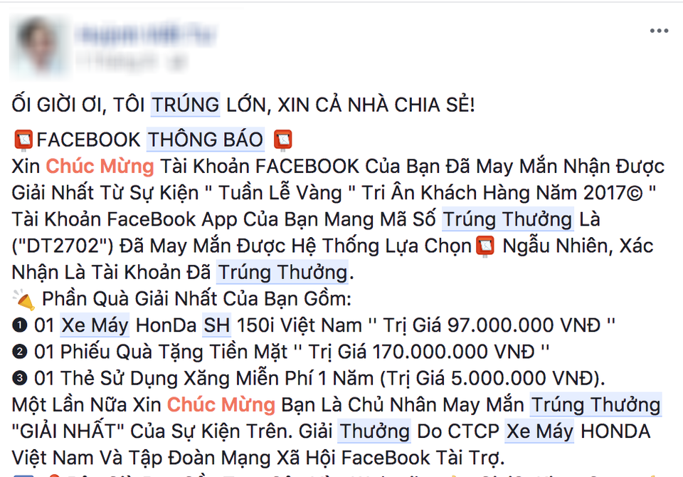 Cục Cạnh tranh cảnh báo về chia sẻ trúng thưởng lừa đảo trên Facebook - 2 Ngừng chia sẻ các dạng tin này để giúp bạn bè tránh được nạn lừa đảo