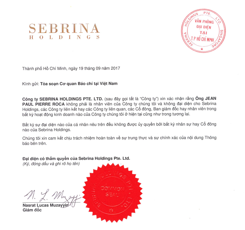 Công ty Sebrina Holdings PTE thông báo bãi trừ trách nhiệm nhân viên - 1 Công ty Sebrina Holdings PTE thông báo bãi trừ trách nhiệm nhân viên - 1
