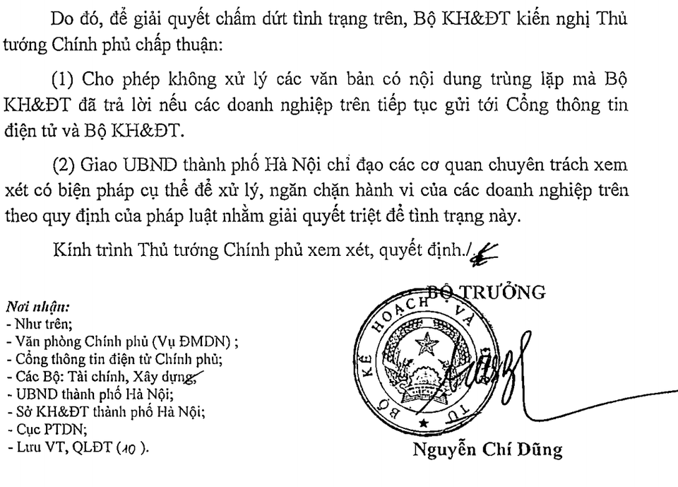 Bị một nhóm doanh nghiệp quấy nhiễu, Bộ Kế hoạch và Đầu tư kêu cứu Thủ tướng - 2
Bộ trưởng KH&ĐT trực tiếp ký văn bản kiến nghị Thủ tướng biện pháp xử lý nhóm DN quấy nhiễu bộ