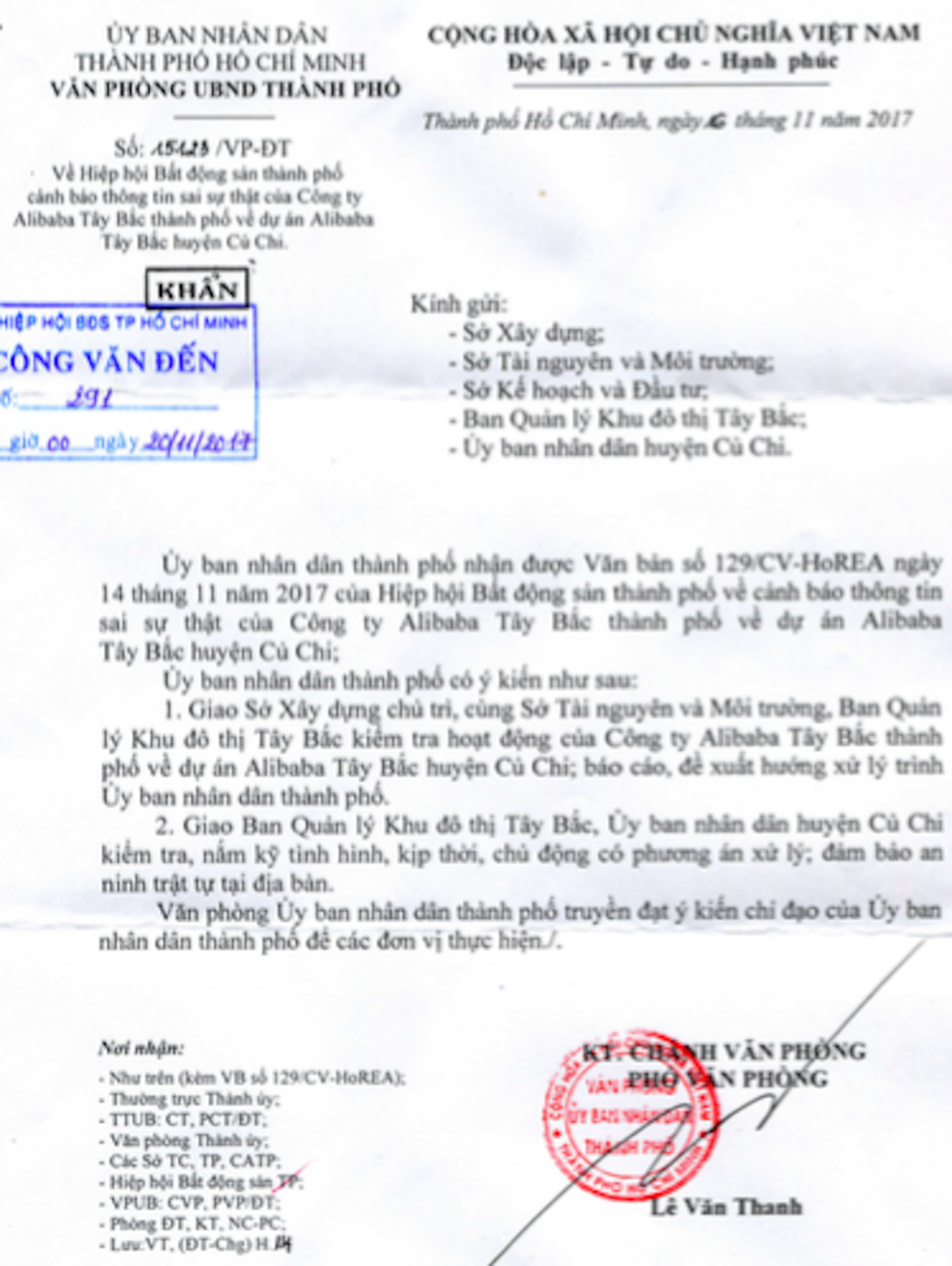 UBND TPHCM chỉ đạo làm rõ việc Công ty Alibaba bán đất ảo - 1 UBND TPHCM vừa có văn bản số 15123/VP-ĐT gửi khẩn cấp kiểm tra hoạt động của công ty địa ốc Alibaba.