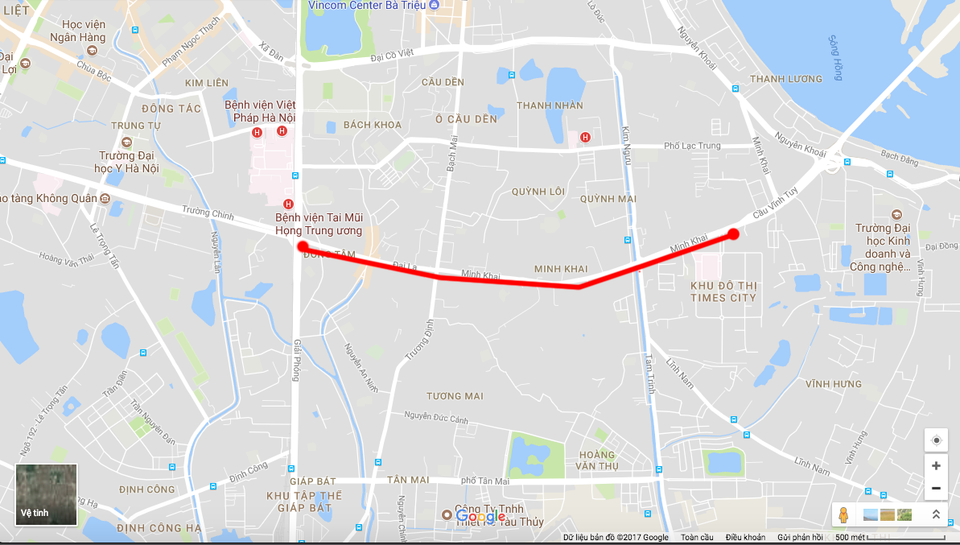 
Bản đồ tuyến đường trên cao nối từ chân cầu Vĩnh Tuy tới ngã tư Vọng.
