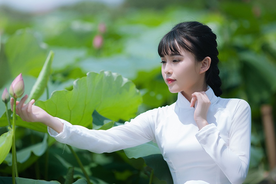Nữ sinh Bưu chính viễn thông thích đọc sách, yêu hoa sen - 7 Thương nói: “Với em người con gái Việt, đẹp nhất, dịu dàng nhất là khi mặc chiếc áo dài cạnh đóa hoa sen. Hoa sen hội tụ trong mình nhiều ý nghĩa, nhưng dưới góc nhìn của một người trẻ, em cảm nhận hoa sen là biểu tượng về sức vươn dậy của một ý chí sống mãnh liệt và phẩm cách cao quý”.
