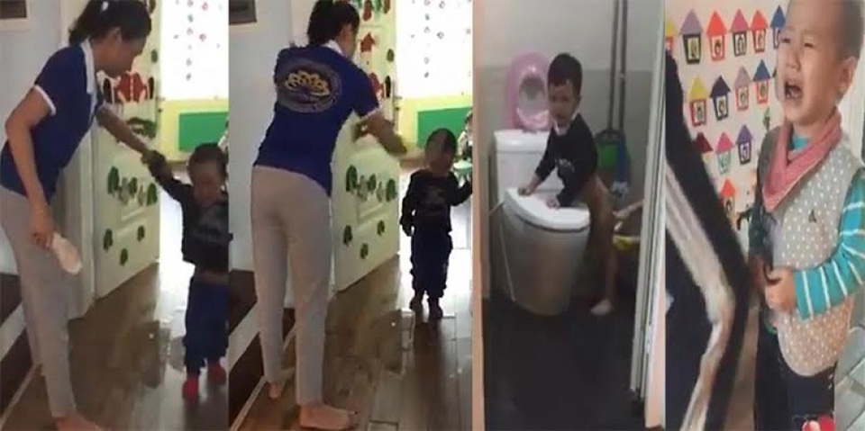 Mỗi năm hơn 2.000 trẻ em bị bạo lực, xâm hại nghiêm trọng - 1
Hình ảnh 2 cô giáo trường mầm non Sen Vàng dùng dép đánh vào đầu và kéo tai trẻ.